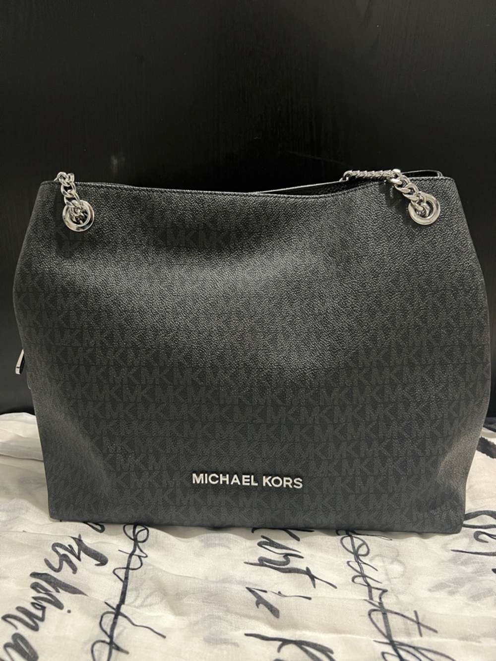 Michael Kors Black Logo-Print Shoulder Bag with Silver Chain Handles